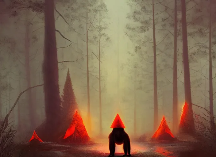 Image similar to a few orange safety cones in a beautiful strange forest, a black hairy fuzzy yakka mahasohna devil beast in a mask stands in the center distance, cinematic painting by james jean, atomspheric lighting, moody lighting, dappled light, detailed, digital art, limited color palette, wes anderson, artstation, 2 4 mm lens, surreal