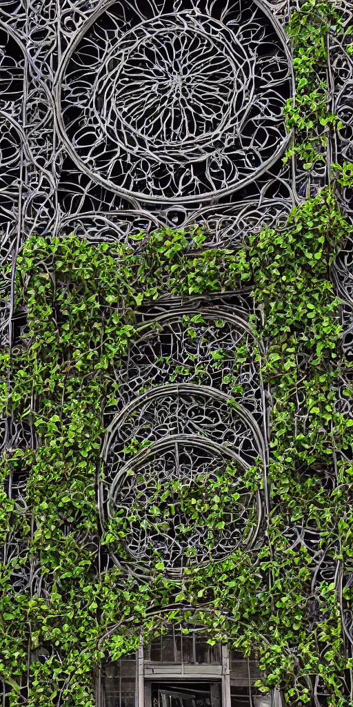 Prompt: a professional photograph of a modern building by Louis Sullivan and H.R. Giger covered in black ironwork vines, sprigs of green leaves and colorful flowers, Sigma 75mm, ornate, very detailed, hyperrealistic, liminalspaces, Symmetrical composition, centered, intricate, panoramic, Dynamic Range, HDR, chromatic aberration, Orton effect, 8k render, photo by Marc Adamus