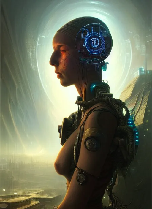 Image similar to portrait shot of cyberpunk teenager in a scenic dystopian environment, intricate, elegant, highly detailed, centered, digital painting, artstation, concept art, smooth, sharp focus, illustration, artgerm, tomasz alen kopera, peter mohrbacher, donato giancola, joseph christian leyendecker, wlop, boris vallejo