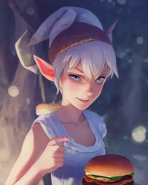 Prompt: adorable elf girl holding a burger, lord of the rings aesthetic, single subject, close centered shot of burger, ambient lighting, white hair, detailed face, by makoto shinkai, stanley artgerm lau, wlop, rossdraws