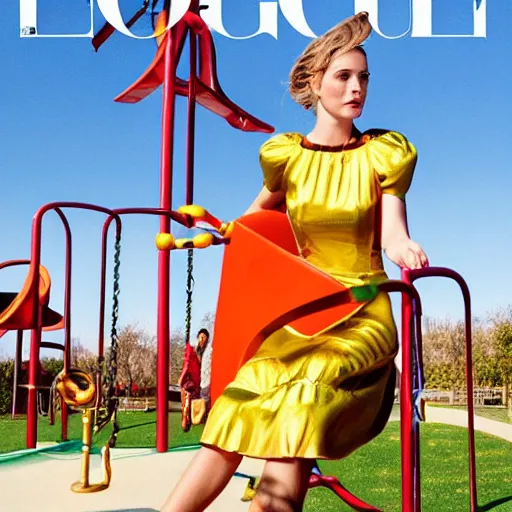 Prompt: an engineer wearing a bright gold dress playing solitare in a playground, cover of vogue magazine