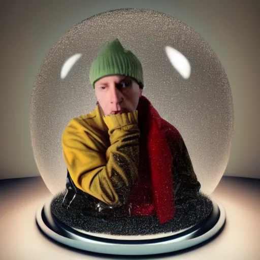 Prompt: eminem trapped inside of a snow globe, trending on artstation, 5 0 mm camera