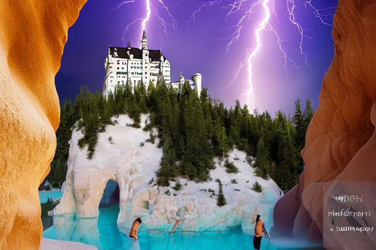 Prompt: neuschwanstein castle on pamukkale thermal waters flowing down gold travertine terraces in royal blue antelope canyon during sakura season on an interstellar aurora borealis with heavy thunder and lightning, pink waterfalls, by peter mohrbacher, james jean, james gilleard, greg rutkowski, vincent di fate, rule of thirds, beautiful landscape