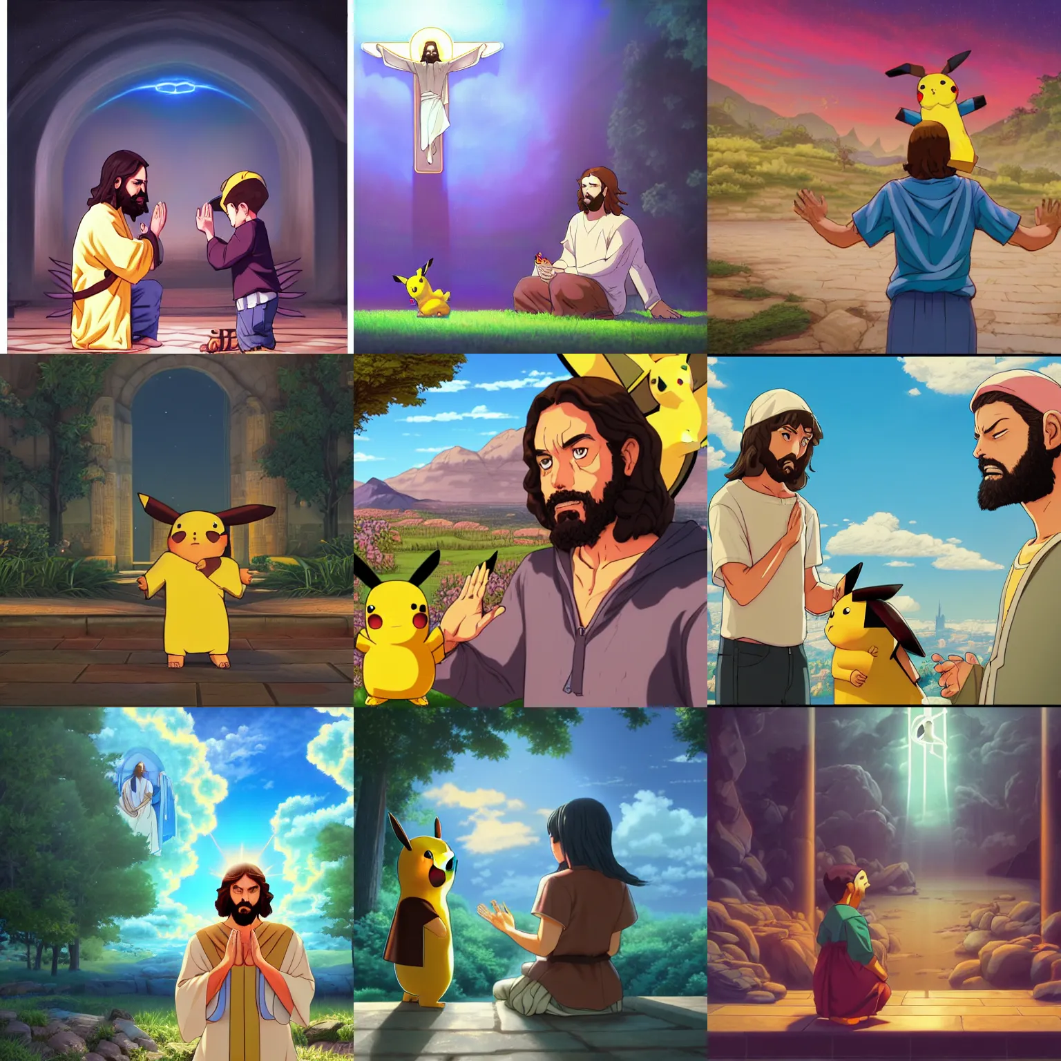 Prompt: a portrait of jesus praying to god of pikachu, fantasy by dan mumford, yusuke murata and makoto shinkai, 8 k, cel shaded, unreal engine, featured on artstation, pixiv