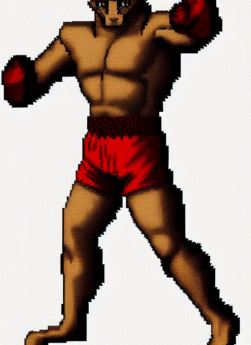 Image similar to full body shot. antropomorphic muscular masculine wolf. kickboxer, in red shorts. wolf head. furr on body. 8 bit nes graphics, pixelate