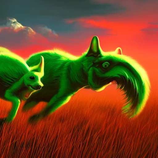 Prompt: retrofuturistic scifi painting of green alien dogs bounding through a sea of grass on a distant planet, red orange sky with dramatic clouds, artstation
