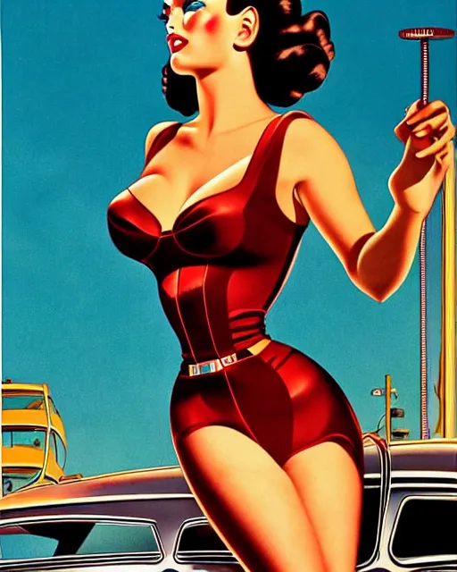 Image similar to beautiful retro space megan fox varga girl posing on a car in diesel punk city, windblown dark hair, retro pinup model, seductive, 1 9 4 0, hyper detailed, digital art, smooth, sharp focus, alberto vargas,