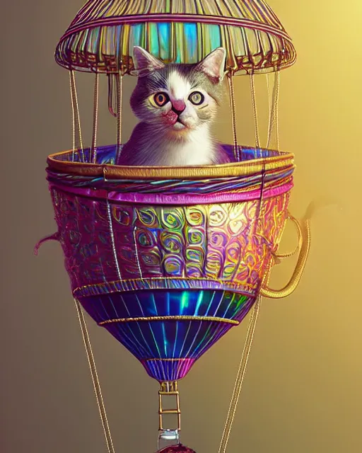 Prompt: cute female cat inside an ornate flying balloon basket of iridescent liquid, alchemy, shiny plastic, intricate, bloom, detailed, volumetric lighting, sharp focus, photorealism, digital painting, highly detailed, concept art, by by artgerm and wlop