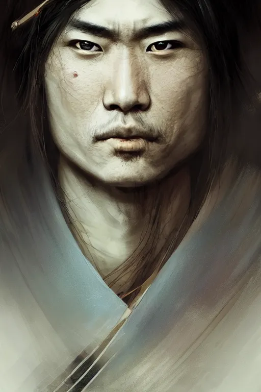 Image similar to samurai warrior, close - up portrait, fierce, intricate, elegant, volumetric lighting, scenery, digital painting, highly detailed, artstation, sharp focus, illustration, concept art, ruan jia, steve mccurry