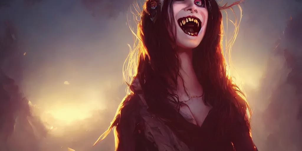 Image similar to a vampire girl smiling mysteriously, golden hour, fantasy, sharp focus, digital art, hyper realistic, 4 k, unreal engine, highly detailed, hd, dramatic lighting by brom, trending on artstation