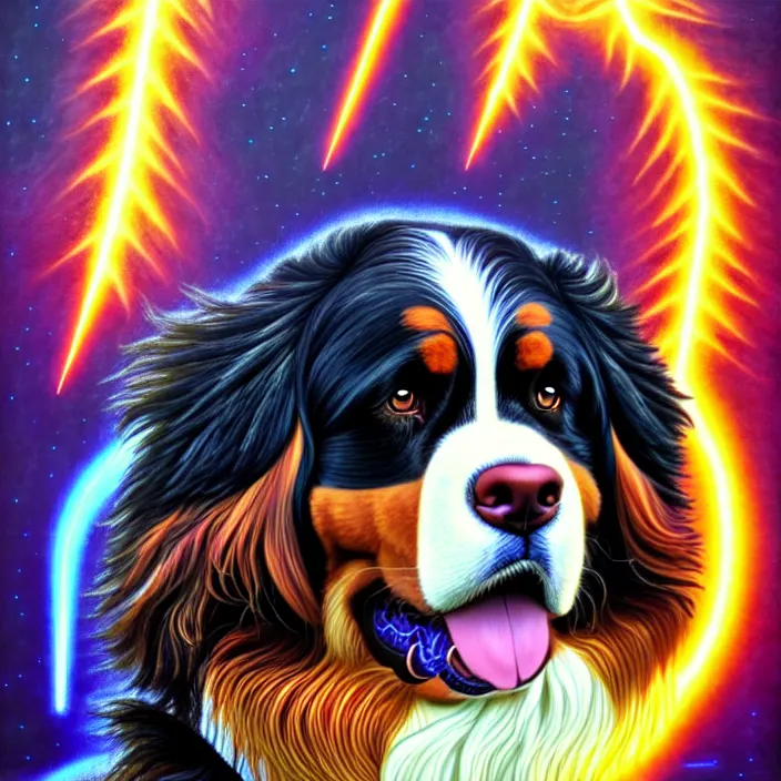 Image similar to an anthropomorphic male bernese mountain dog as zeus, shooting lightning bolts from his paws, by alex grey, intricate details, artstation, furry, psychedelic, hd, beautiful