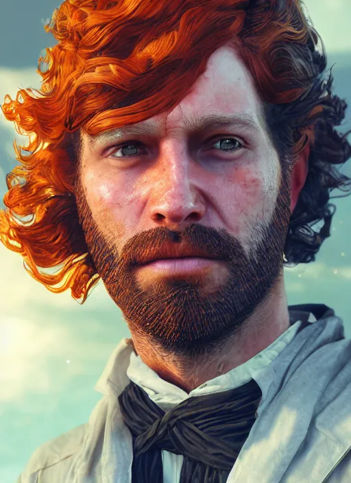 Prompt: glowwave portrait of curly orange hair man from red dead redemption 2, au naturel, hyper detailed, digital art, trending in artstation, cinematic lighting, studio quality, smooth render, unreal engine 5 rendered, octane rendered, art style by klimt and nixeu and ian sprigger and wlop and krenz cushart.