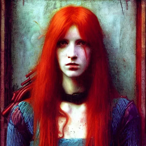 Image similar to redhead female cyberpunk punk in the style of john william waterhouse, kilian eng, rosetti, john everett millais, william holman hunt, 4 k photo autochrome