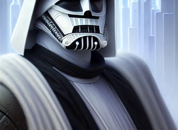 Image similar to portrait shot of a white darth vader in cyberpunk 2 0 7 7, intricate, elegant, highly detailed, centered, digital painting, artstation, concept art, smooth, sharp focus, illustration, artgerm, tomasz alen kopera, peter mohrbacher, donato giancola, joseph christian leyendecker, wlop, boris vallejo