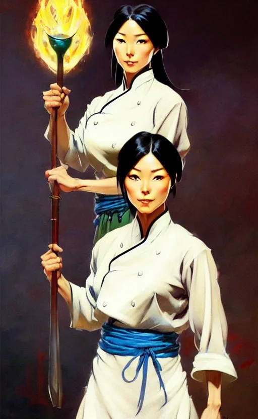 Image similar to magic : the gathering fantasy character concept art by frank frazetta and marco bucci, high resolution. a clear portrait of a stunning female south korean chef, wearing a hanbok apron, radiating powerful culinary energy, fantasy coloring, intricate, digital painting, artstation, smooth, sharp focus