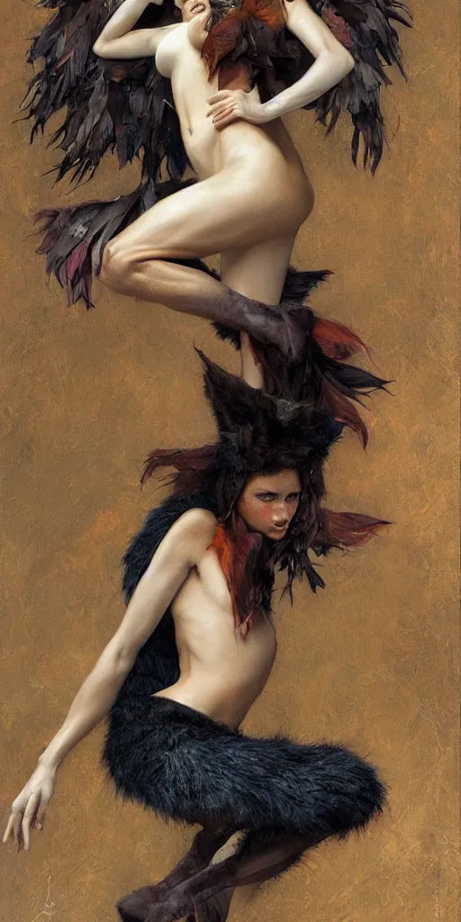 Image similar to epic masterpiece full body portrait half fox half woman, crying, acrobatic pose, beautiful face and flawless skin, by Edgar Maxence and Ross Tran and Michael Whelan