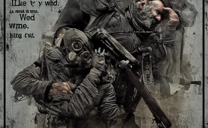 Image similar to ancient old man sleeping inside, mech, ww 3, resting, gritty, apocalyptic, poster