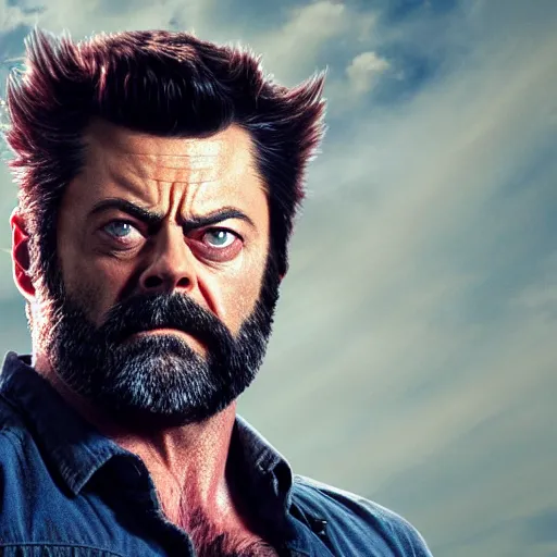 Prompt: logan wolverine pictured as nick offerman, photorealistic marvel movie still, imdb, detailed, 8 k, poster photosession style, deviantart and artstation top picks