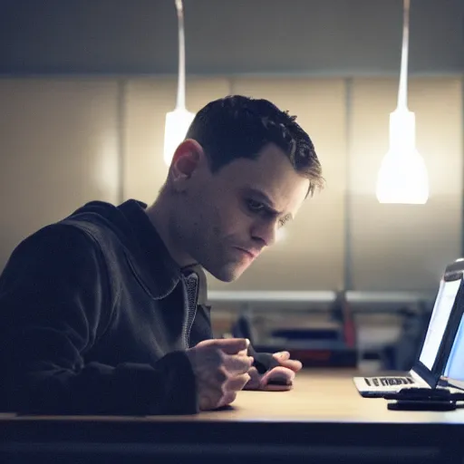 Image similar to A programmer expertly wrangling code late at night, intensely focused, coffee on his desk, highly detailed, sharp focus, cinematic lighting, dramatic still from Mr Robot