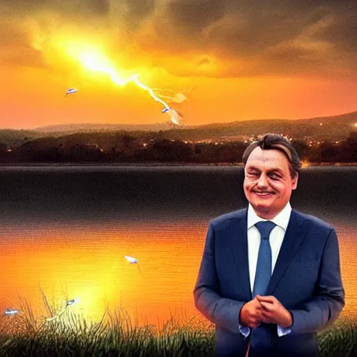 Prompt: krubi is happy to pose with orban next to lake balaton sunset, highly detailed illustration, trending on artstation, hyper realistic, ambient lightning