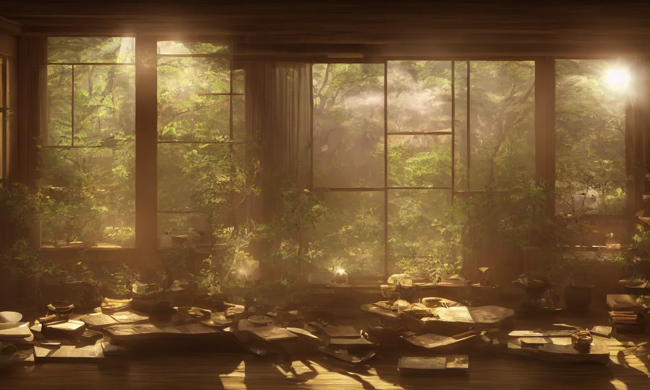 Prompt: interior view of a magical Japanese herbalist cottage, waxy candles, books, wood furnishings, light bloom, dust, ambient occlusion, rays of light coming through windows, trending on artstation