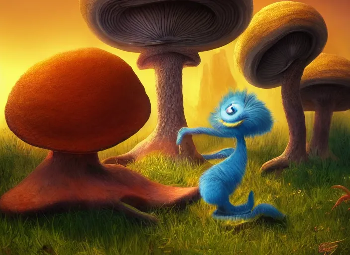 Image similar to a cute dr seuss creature sitting next to a mushroom, golden hour, fantasy, sharp focus, digital art, hyper realistic, 4 k, unreal engine, highly detailed, hd, dramatic lighting by brom, trending on artstation