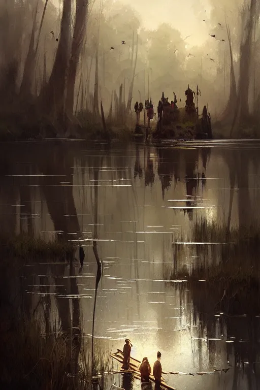 Image similar to greg rutkowski swamp community fish people