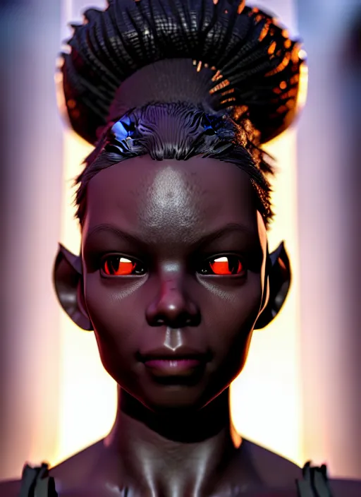 Image similar to An epic fantasy comic book style portrait painting of a short dark skinned girl thief with spidery hair and kind eyes, unreal 5, DAZ, hyperrealistic, octane render, cosplay, RPG portrait, dynamic lighting