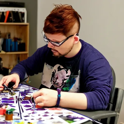 Prompt: violet - haired male game designer who plays blood bowl and paints miniatures, sitting at his untidy working table