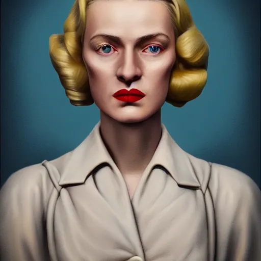 Image similar to A Hearts of Iron IV portrait of a blonde German actress with high cheekbones. Good bone structure. Dressed in 1940s style. Highly detailed, fine Art, high detail, great lighting, 8k resolution, masterpiece, concept art, illustration, clear eyes, painting oil on canvas, octane render, HDR, trending on artstation, 4k, 8k, HD