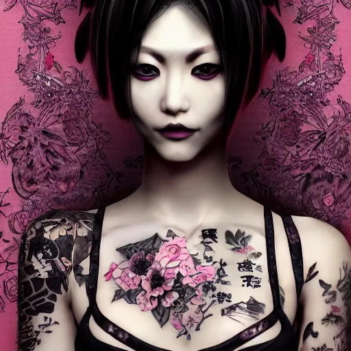 Image similar to japanese gothic model with maximalist hair style and kanji tattoos, dark colors, fashion model, portrait shot, depth of field, 8 k, hyper detailed, intricate, trending on artstation