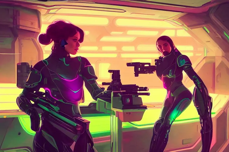 Prompt: Exhausted good looking young women wearing neon coloured armour suit in a space station pointing gun at viewer, elegant, intricate, retrofuturistic digital painting, artstation, concept art, smooth, sharp focus, illustration, art by artgerm and greg rutkowski and alphonse mucha