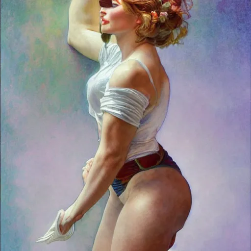 Image similar to Margot Robbie with bulging biceps and long pixie haircut in shorts and white shirt drawn by Donato Giancola and Jon Foster, frank frazetta, alphonse mucha, background by James Jean and gustav klimt, 4k, volumetric lighting, french nouveau, trending on artstation, hyperrealistic