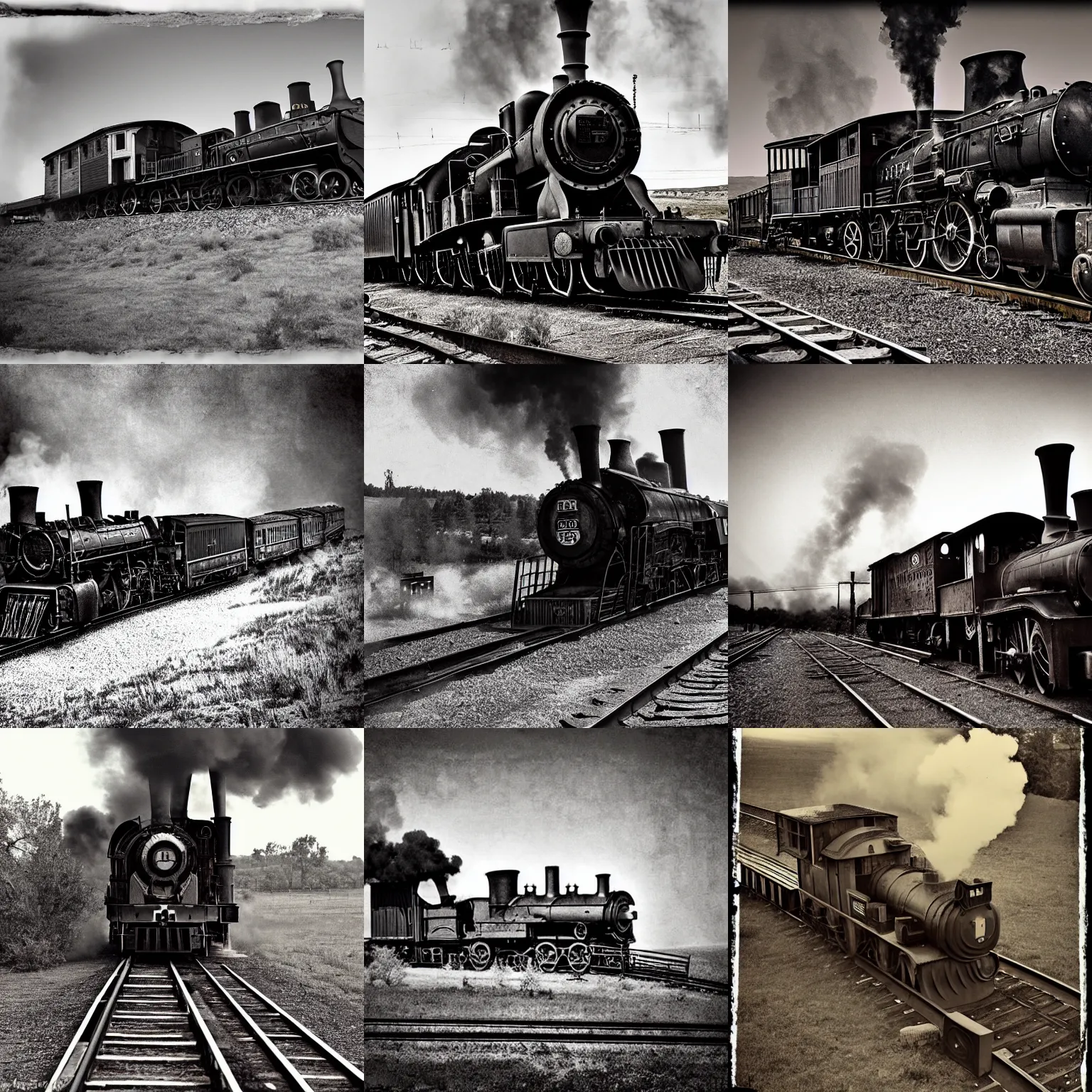 Prompt: train on rails, smoking steam engine, Wild West setting, old collodion photo, detailed, realistic, grainy, smudged edges