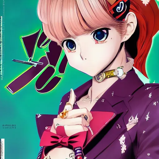 Image similar to Magazine Cover Anime key visual of a Gucci girl; official media; typography; drawn by Hirohiko Araki; Jojo's Bizarre Adventure; Jojolion, portrait, made by Stanley Artgerm Lau, WLOP, Rossdraws, James Jean, Andrei Riabovitchev, Marc Simonetti, Yoshitaka Amano, ArtStation