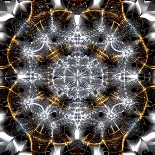 Prompt: hyperrealistic 3 d render of a massive fractal cathedral exterior populated by mandelbrot fractals, unreal engine, carved ivory, gold inlay, octane render, white gold, volumetric lighting, stark, glowing, carved marble, opalescent, carved soap, sacred geometry, angelic, catholicpunk, photorealism, 8 k, trending on artstation