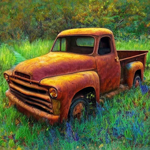 Image similar to Realistic impressionist painting of an old rusty pickup truck overrun by kudzu
