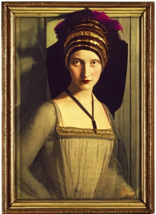 Image similar to portrait of young woman in renaissance dress and renaissance headdress, art by edward steichen