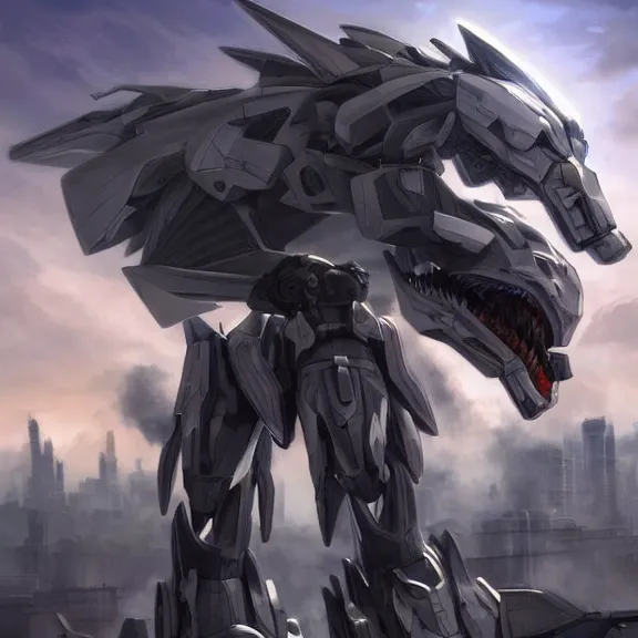 Prompt: hyper realistic, epic, highly detailed cinematic full body shot of a gigantic feral mecha canine, sharp metal claws, sleek armor, glowing visor, destroying city, digital art, furry art, dragon art, zoids art, furaffinity, deviantart, sofurry