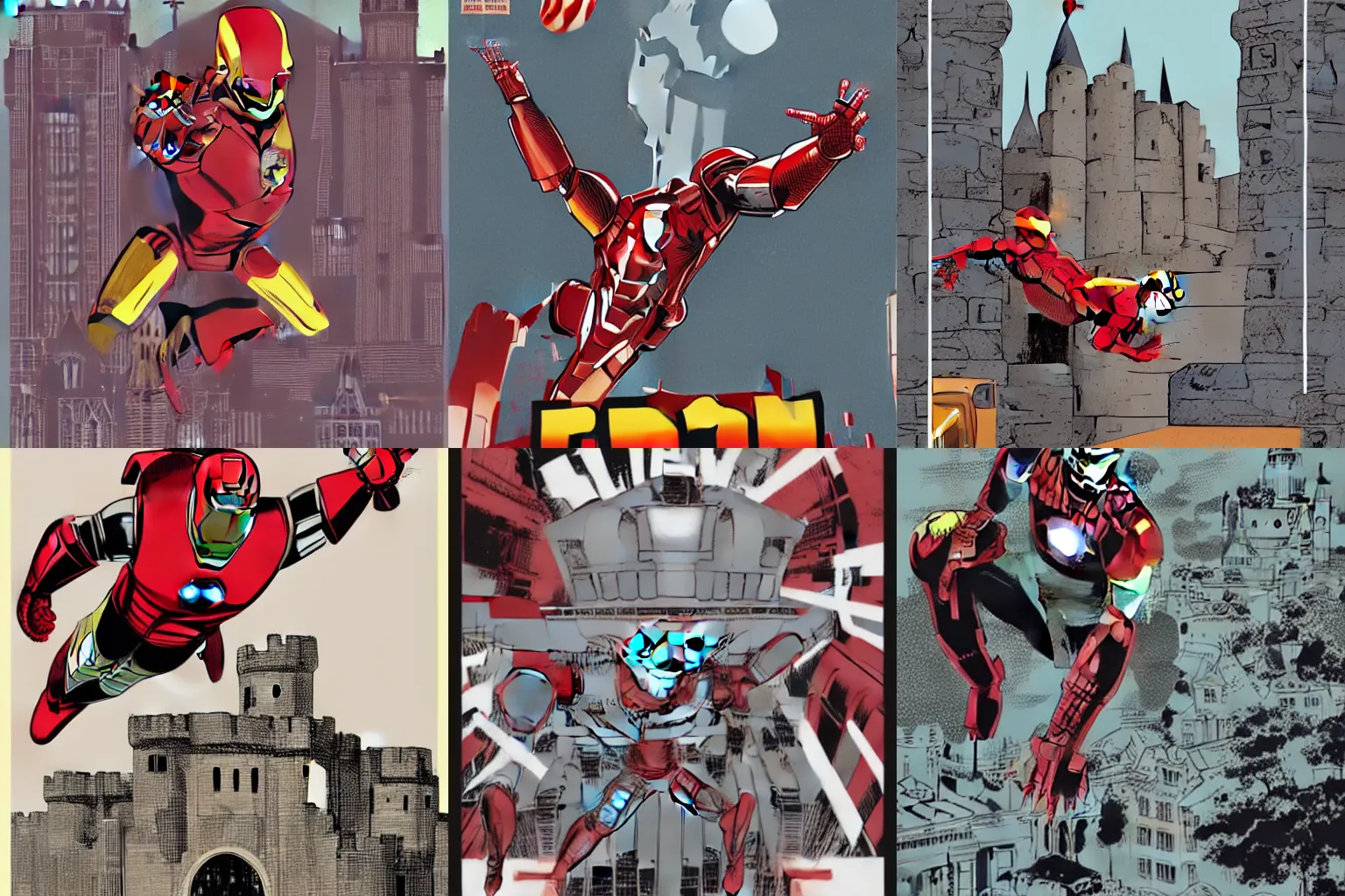 Prompt: Iron man flying above a large castle, David Aja, comic book art