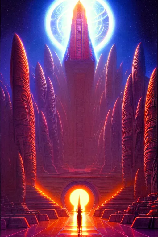 Prompt: an epic hyperspace light technology temple with female silhouette, tim hildebrandt, wayne barlowe, bruce pennington, donato giancola, trending on artstation, cinematic composition, beautiful lighting, hyper detailed, 8 k, oil on canvas