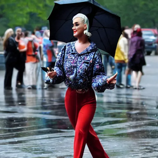 Image similar to katy perry wearing a 1 9 7 0's clothing, walking in central park, raining, photo, realistic, high detail,