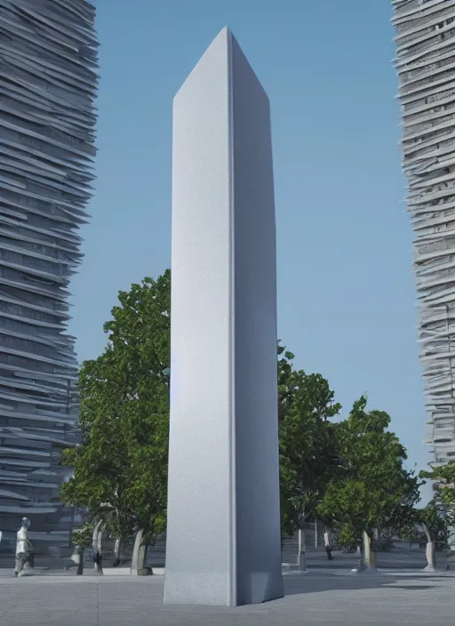 Image similar to highly detailed architecture render of a huge high futuristic metallic stele sculpture standing in city park, archdaily, made in unreal engine 4