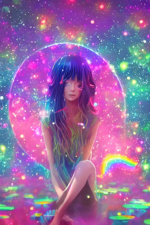 Image similar to psychedelic, whimsical, anime, 4k, beautiful intimate woman with professional makeup, long trippy hair, a crystal and flower dress, sitting in on a reflective pond underneath the stars, rainbow fireflies, trending on patreon, deviantart, twitter, artstation, volumetric lighting, heavy contrast, art style of Ross Tran and Ilya Kuvshinov