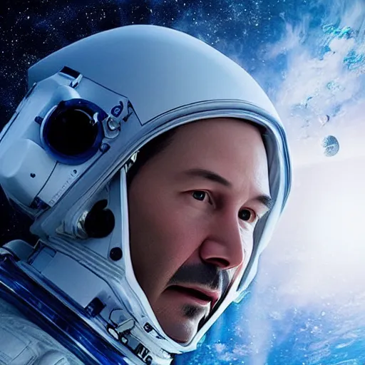 Image similar to keanu reeves in space with astronauts, instagram photo, instagram selfie full hd, 8 k, unreal engine, octane render, hyper detailed, hyper realistic, photorealistic, vfx, houdini, full body