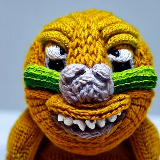 Image similar to a closeup photorealistic smiling knitted cartoonish tortoise.