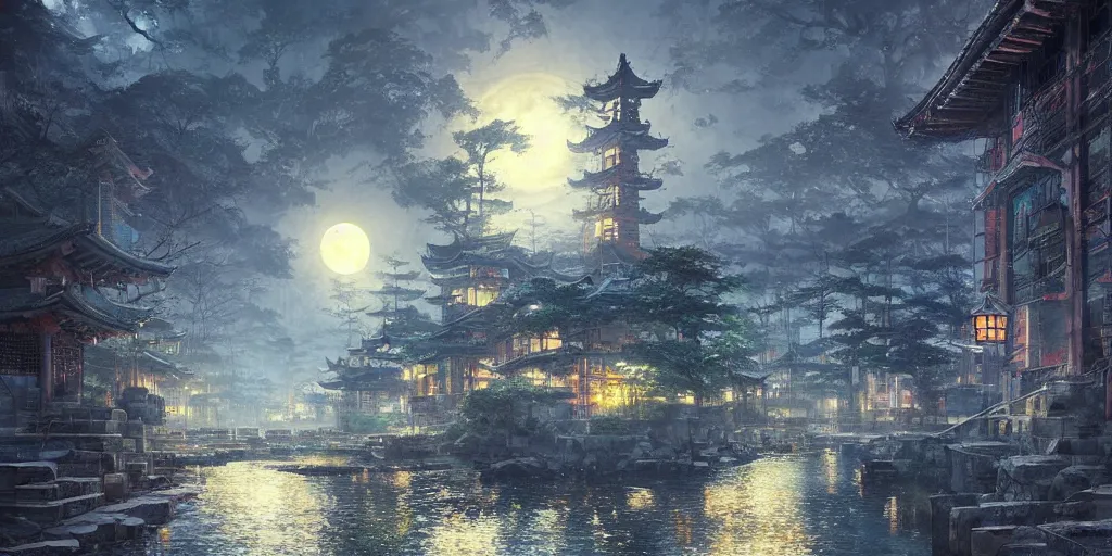 Prompt: a modern japanese lost city, full moon, cold light, digital painting, by greg rutkowski and thomas kinkade
