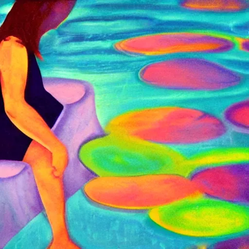 Prompt: woman washes her feet in the fast flowing river and gathers the colors and sounds to welcome the new day, abstract art in the style of geogia o keefe,