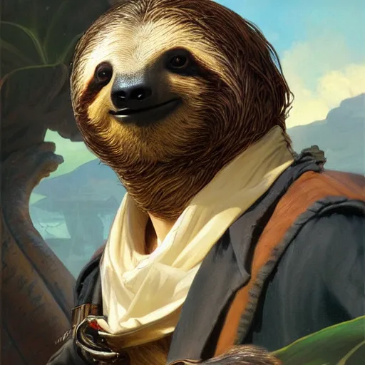 Image similar to Portrait of a Sloth as a Pirate, photo, highly detailed oil painting, photorealistic, highly detailed, digital painting, artstation, concept art, smooth, sharp focus, illustration, art by artgerm and greg rutkowski and alphonse mucha