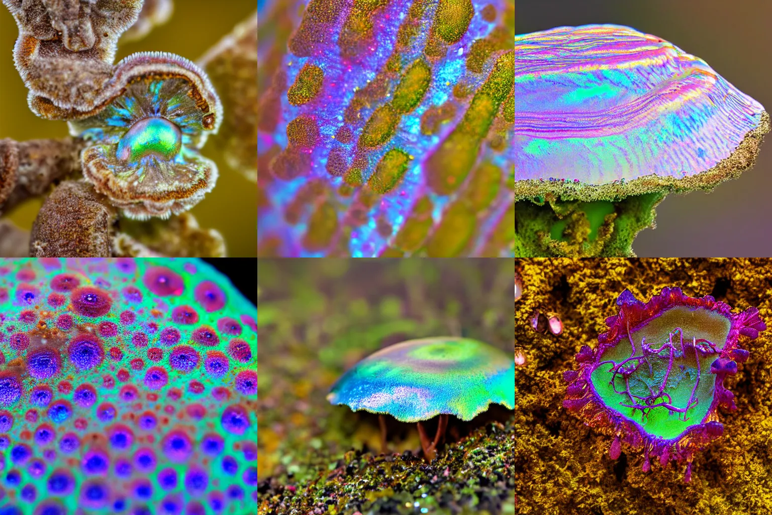 Prompt: macro photography myxomycetes iridescent